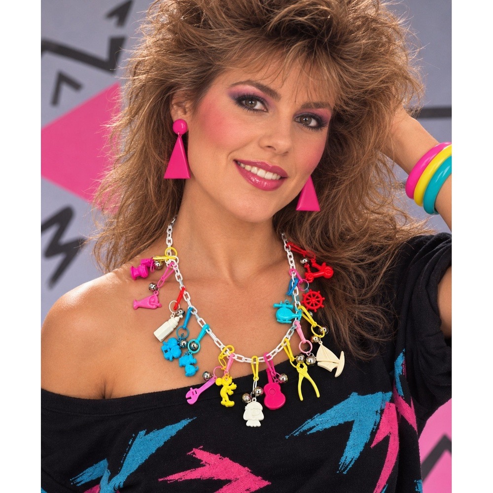 Vtg 1980s 23" Plastic Charm Necklace Colorful Novelty Charms Bells Retro Kitsch